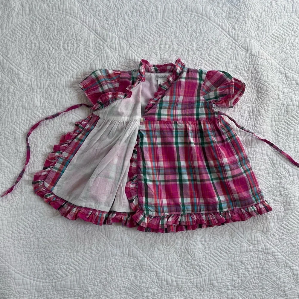 Ralph Lauren Baby Girl Madras Plaid Ruffle Wrap Dress 9 Months Like New infant